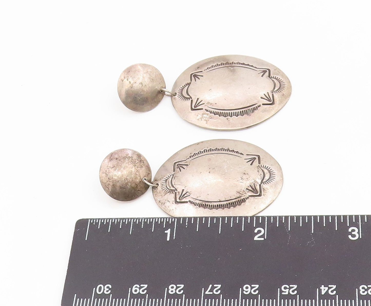 925 Sterling Silver Vintage Earrings BAHE NAVAJO Etched Concho Drop  EG14184