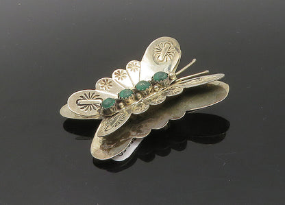 SOUTHWESTERN 925 Silver Vintage Malachite Butterfly Motif Brooch Pin BP7789
