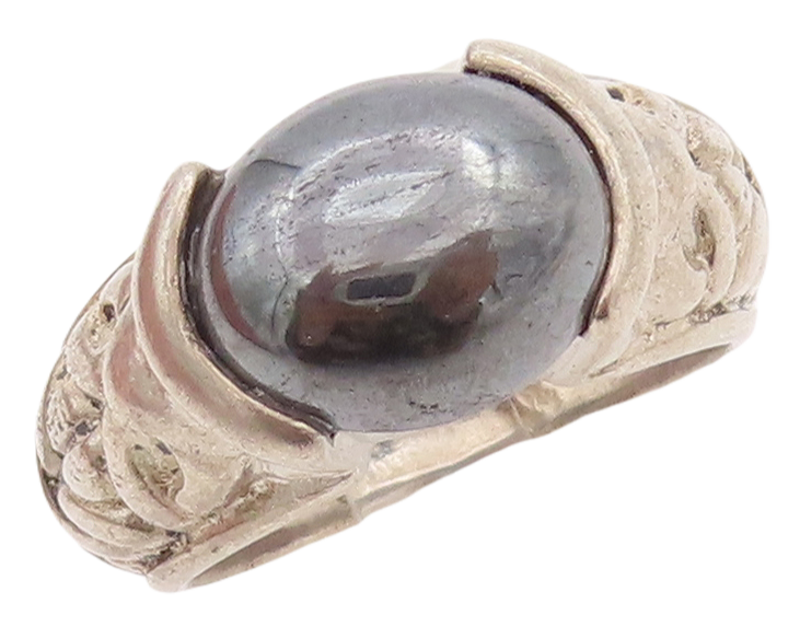 925 Sterling Silver Vintage Ring DAVID SIGAL Carved Oval Hematite Sz 7.5 RG28891