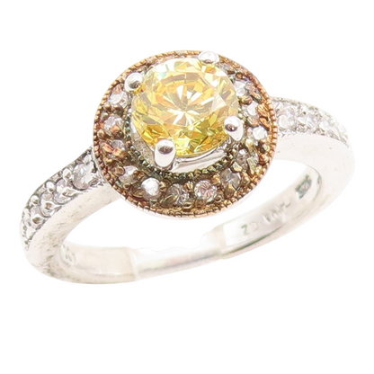 925 Sterling Silver Vintage Ring Round Cut Citrine Halo CZ Band  Sz 7  RG35967
