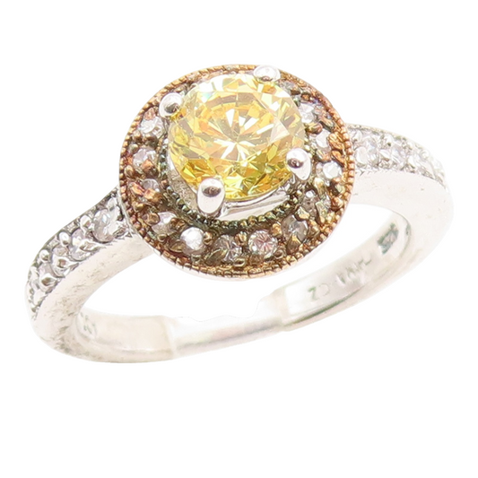 925 Sterling Silver Vintage Ring Round Cut Citrine Halo CZ Band  Sz 7  RG35967