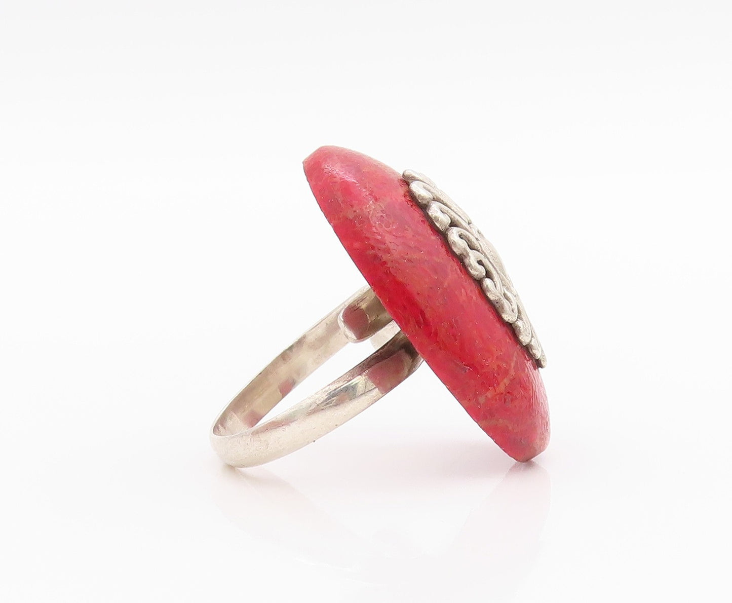 925 Sterling Silver Vintage Ring Oval Gemstone Swirly Flower Design Sz 8 RG33192
