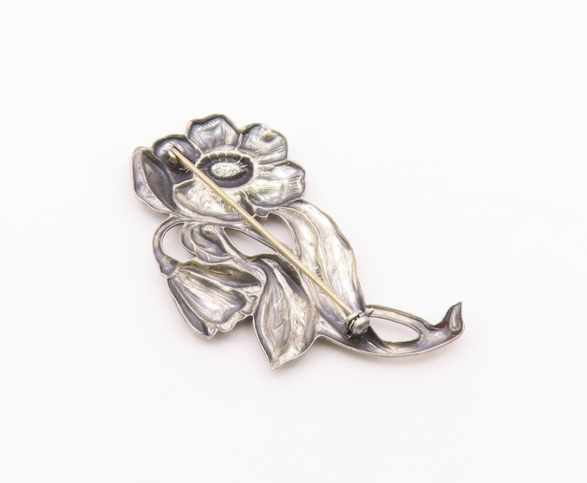 925 Sterling Silver  Vintage Etched Blooming Flowers Motif Brooch Pin  BP3225