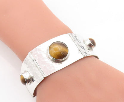 ISRAEL 925 Silver  Vintage Tiger's Eye Shiny Hammered Chain Bracelet  BT2178