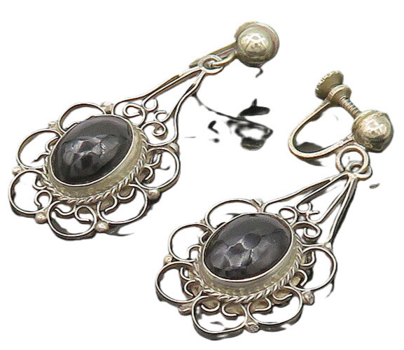 MEXICO 925 Silver  Vintage Black Onyx Floral Non Pierce Earrings  EG10507