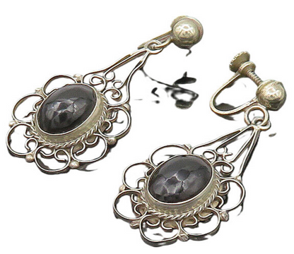 MEXICO 925 Silver  Vintage Black Onyx Floral Non Pierce Earrings  EG10507
