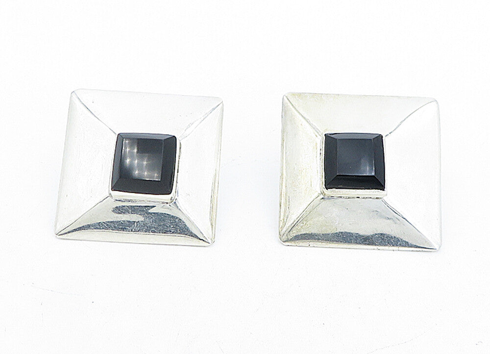MEXICO 925 Sterling Silver  Vintage Black Onyx Square Drop Earrings  EG2373