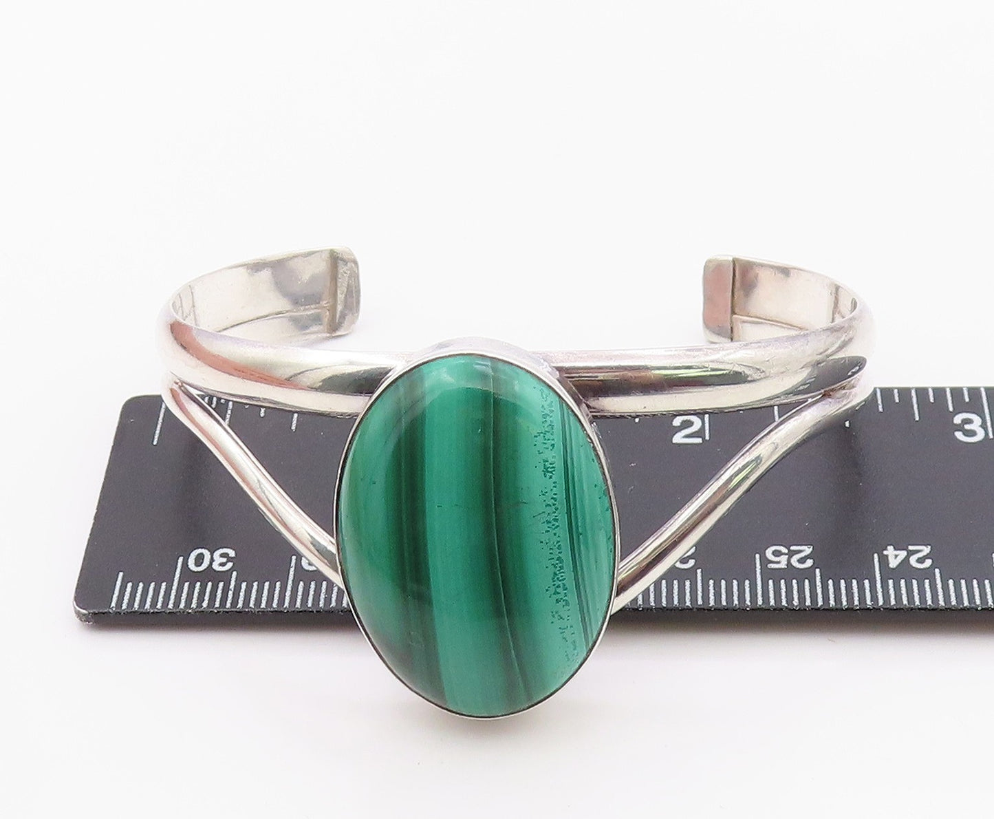 925 Sterling Silver Vintage Bracelet Cabochon Malachite Modernist Cuff  BT12102