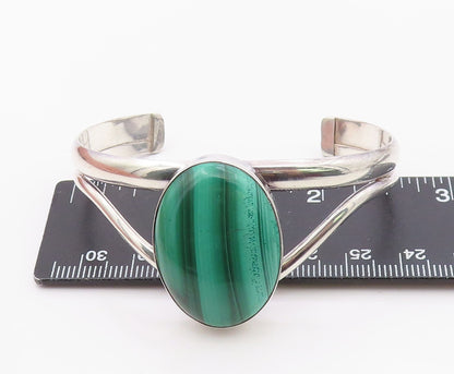 925 Sterling Silver Vintage Bracelet Cabochon Malachite Modernist Cuff  BT12102