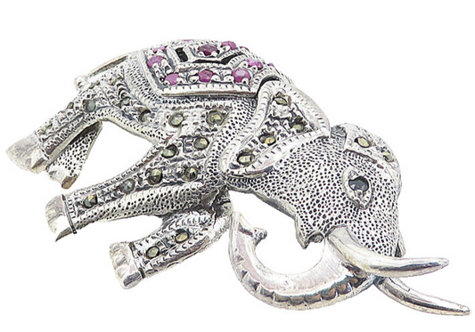 925 Sterling Silver  Vintage Ruby & Marcasite Elephant Brooch Pin  BP2962