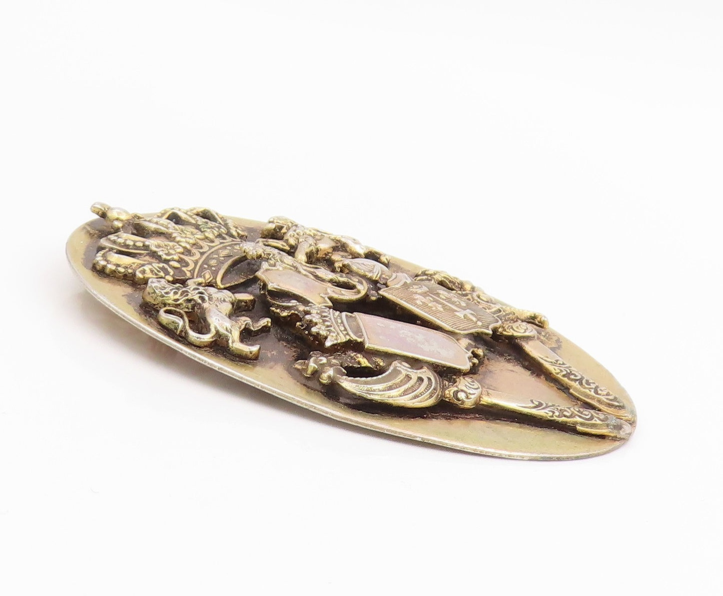 925 Sterling Silver Vintage Brooch Pin Regal Lion & Crown Shield Emblem  BP12476