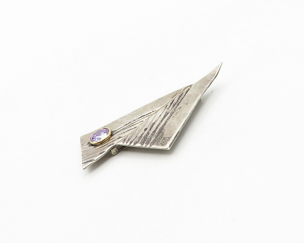 925 Silver & 14K GOLD  Vintage Purple Cubic Zirconia Pointed Brooch Pin BP7053