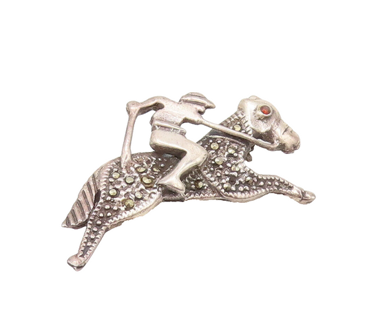 925 Sterling Silver Vintage Brooch Pin Carved Jokey On Marcasite Horse  BP10633