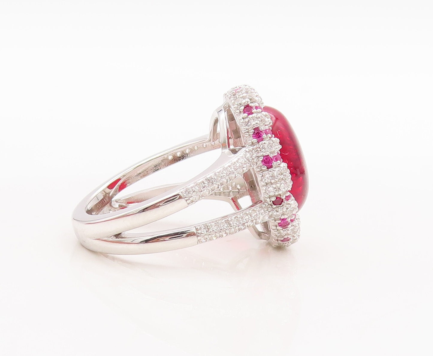 925 Sterling Silver Vintage Ring Cabochon Red Halo Pink White CZ Sz 7.5  RG29810