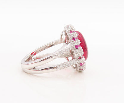 925 Sterling Silver Vintage Ring Cabochon Red Halo Pink White CZ Sz 7.5  RG29810