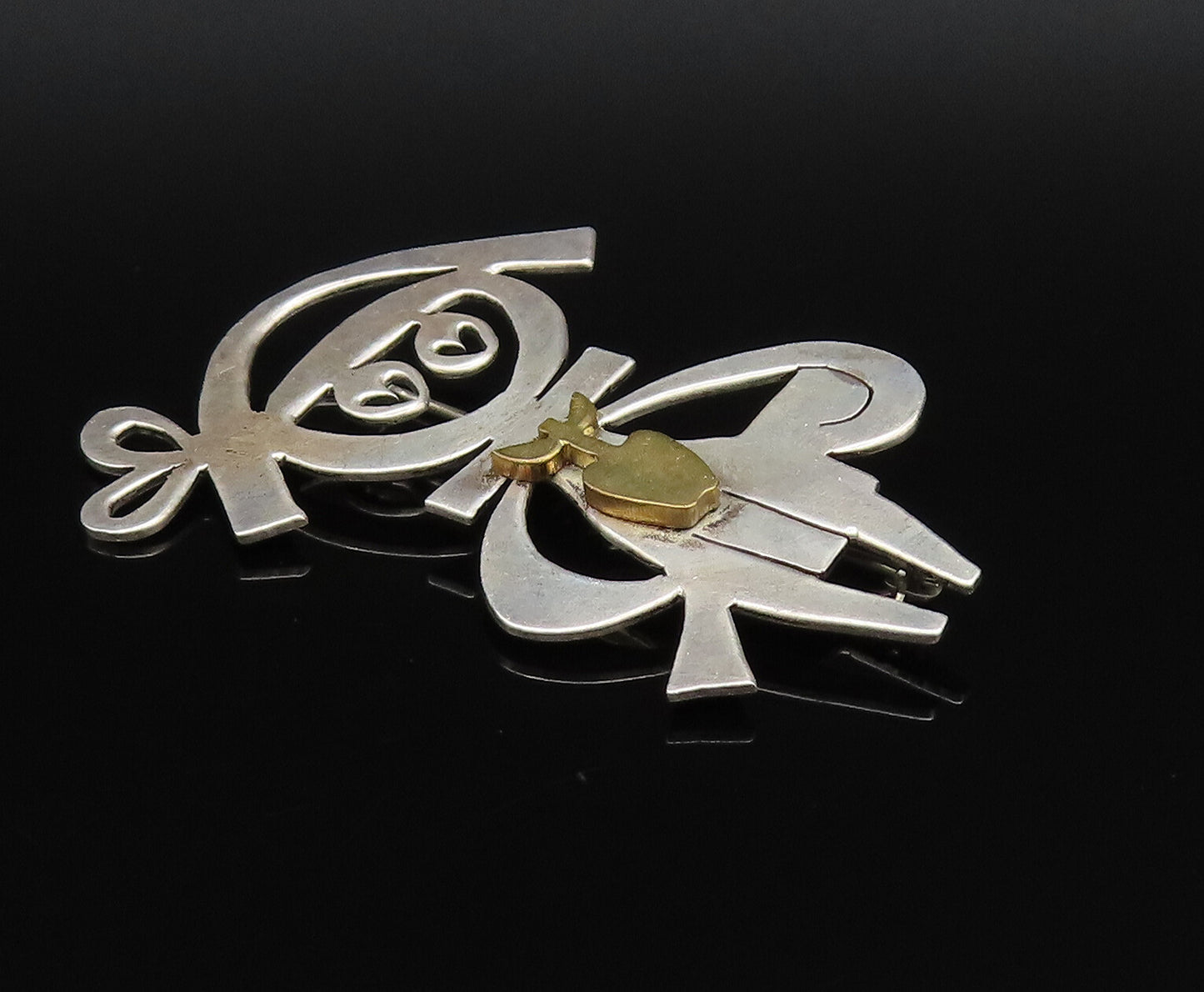 925 Silver  Vintage Two Tone Modernist Student With Apple Brooch Pin  BP9840
