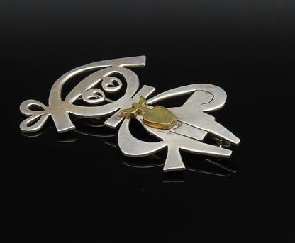 925 Silver  Vintage Two Tone Modernist Student With Apple Brooch Pin  BP9840