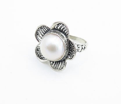 925 Sterling Silver  Freshwater Pearl Dome Flower Cocktail Ring Sz 7  RG7826