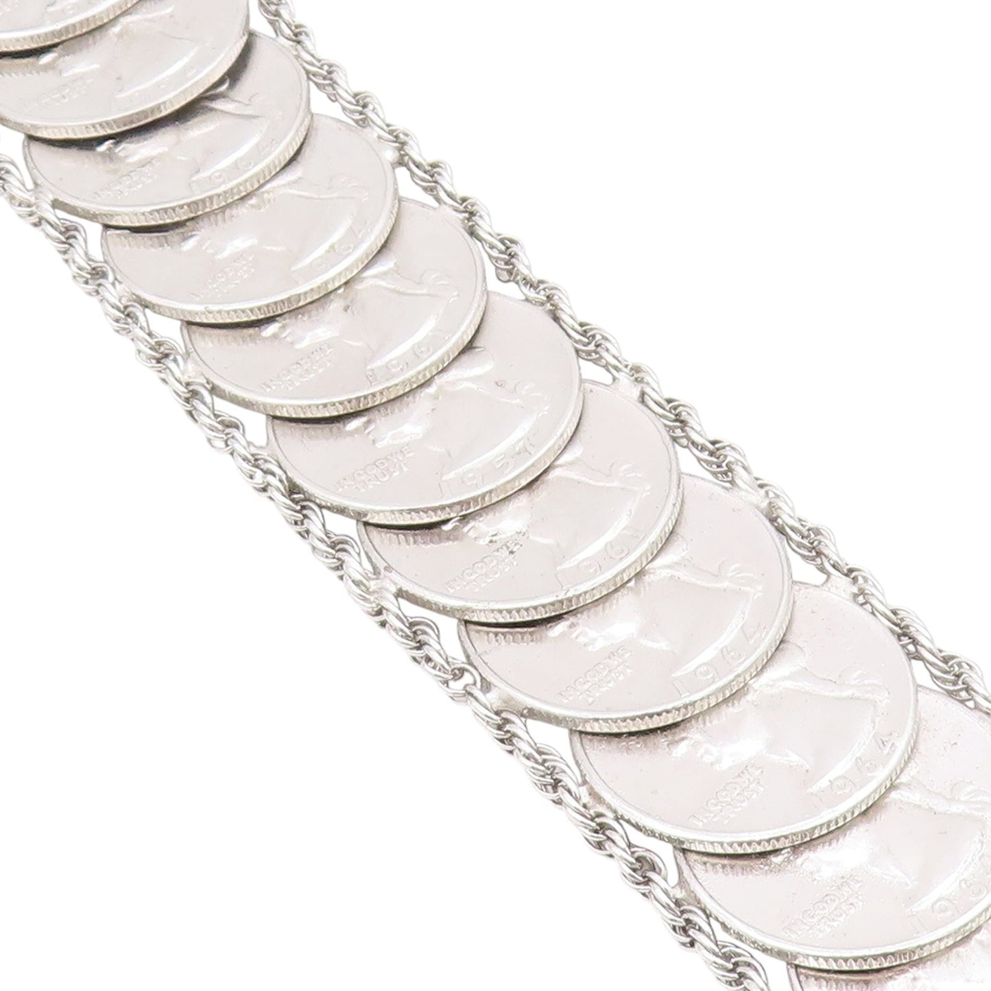925 Sterling Silver Vintage Bracelet Solid US Quarter Dollar Coins Link  BT11626