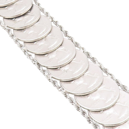 925 Sterling Silver Vintage Bracelet Solid US Quarter Dollar Coins Link  BT11626