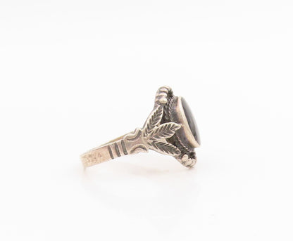 925 Sterling Silver Vintage Ring Cabochon Onyx Etched Floral Band  Sz 7  RG33855