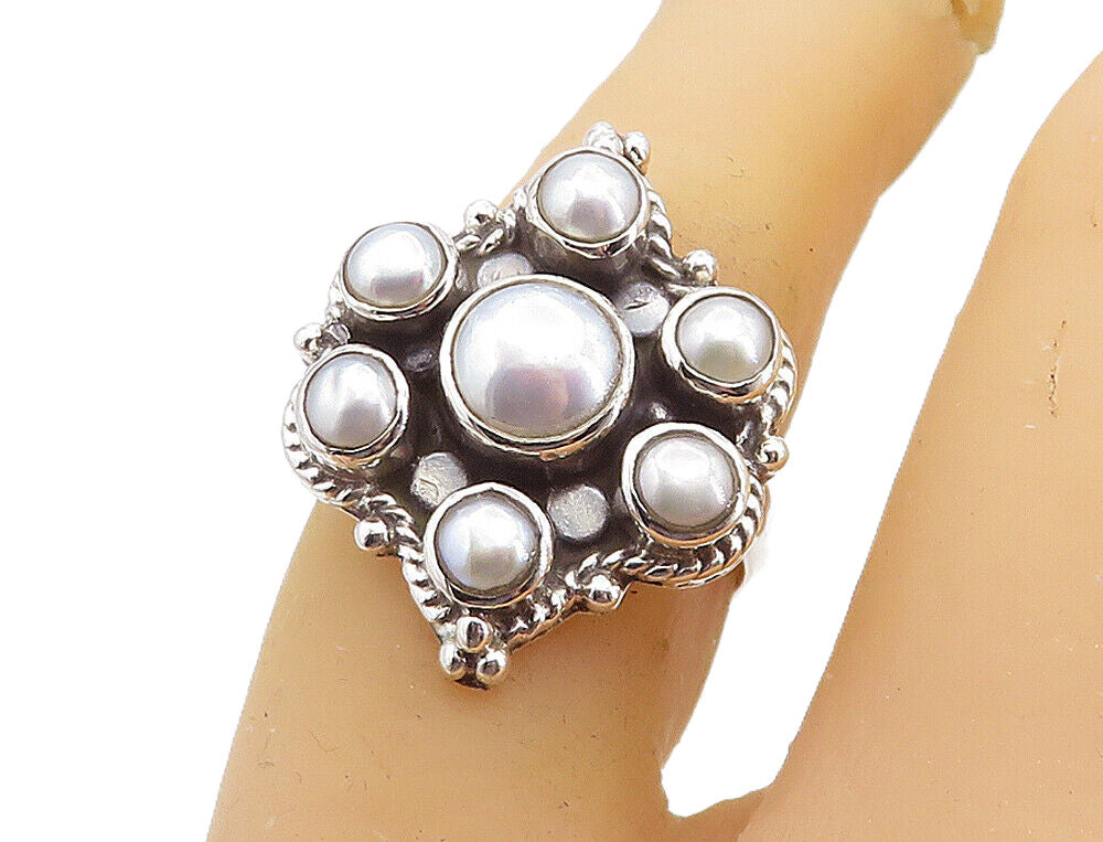 925 Sterling Silver  Freshwater Pearl Floral Cocktail Ring Sz 6.5  RG8347