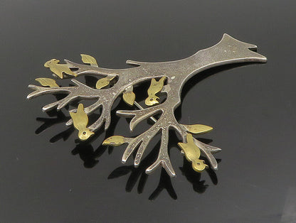 MEXICO 925 Silver  Vintage Two Tone Tree Branch With Birds Brooch Pin  BP9529