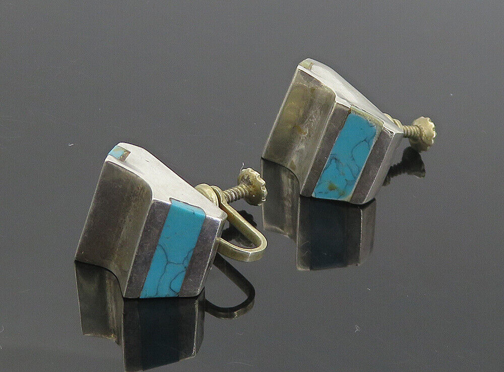 MEXICO 925 Silver  Vintage Inlaid Turquoise Non Pierce Screw Earrings  EG3330