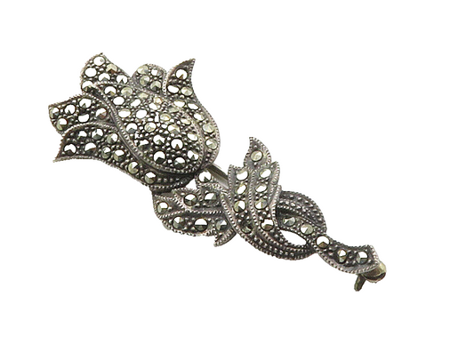 925 Sterling Silver  Vintage Marcasite Rose Flower Motif Brooch Pin  BP6441