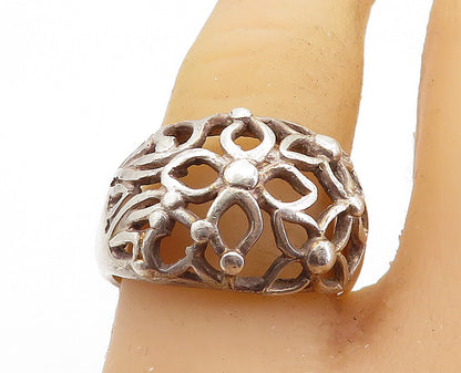 925 Sterling Silver  Vintage Open Flowers Motif Dome Band Ring Sz 8.5  RG7084