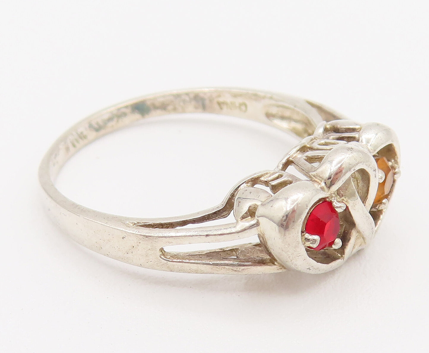 925 Silver  Vintage Dainty Orange & Red Topaz Love Heart Ring Sz 8.25  RG26153