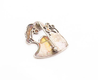 925 Sterling Silver Vintage Brooch Enameled Forest Landscape Cutout  BP11507