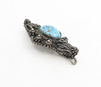 925 Sterling Silver  Vintage Antique Turquoise Floral Twist Brooch Pin  BP3041
