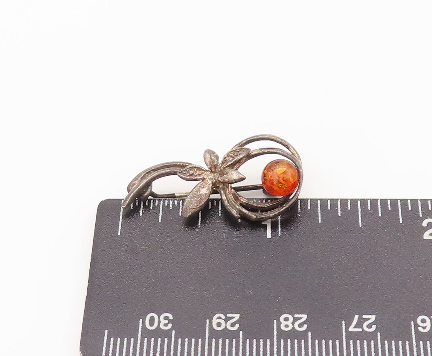 925 Sterling Silver Vintage Brooch Pin Solid Cutout Floral Loop Amber  BP10714