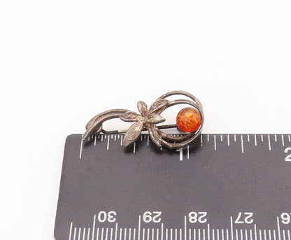 925 Sterling Silver Vintage Brooch Pin Solid Cutout Floral Loop Amber  BP10714