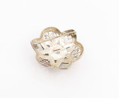 925 Sterling Silver Vintage Brooch Pin JUDITH JACK Onyx Floral Petal  BP12178