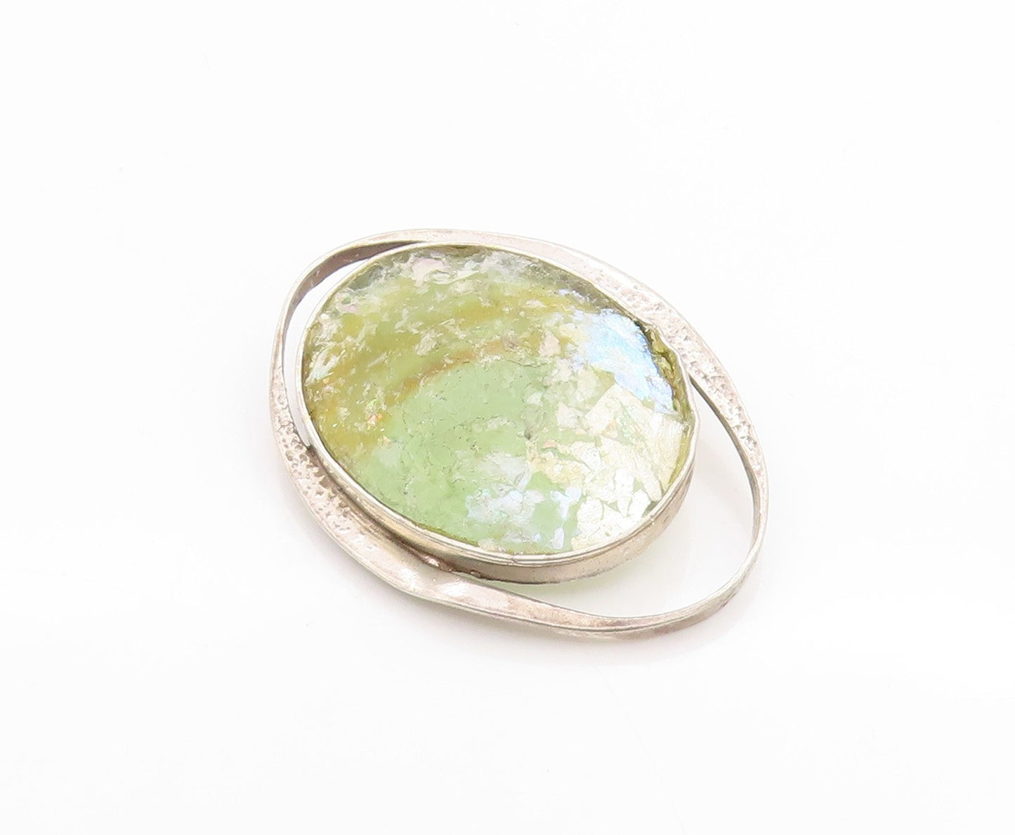 925 Sterling Silver Vintage Pendant Modernist Large Oval Roman Glass  PT24707