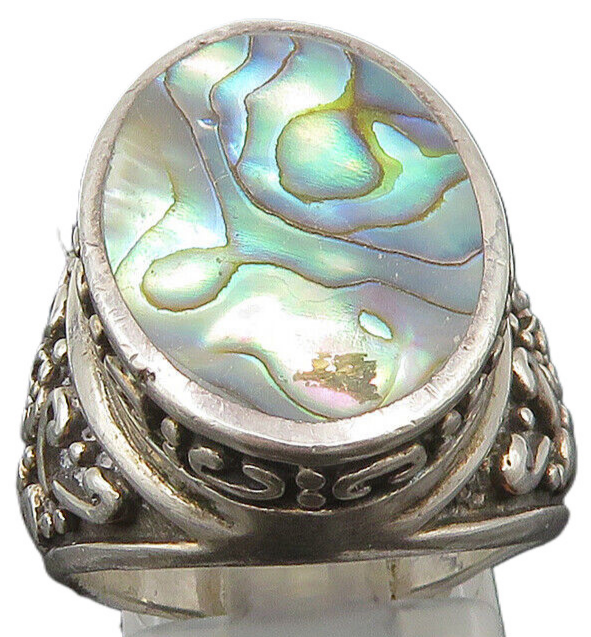925 Sterling Silver  Vintage Inlay Abalone Scrolled Detail Ring Sz 6  RG24433
