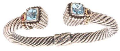 14k Gold & 925 Sterling Silver Vintage Bracelet Faceted Blue Topaz Cuff  BT11761