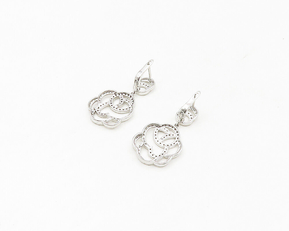925 Sterling Silver  Shiny Cubic Zirconia Open Design Dangle Earrings  EG9036