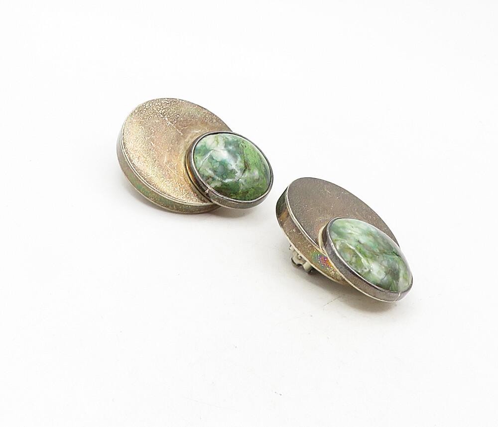 MEXICO 925 Sterling Silver  Vintage Green Jasper Non Pierce Earrings  EG4671