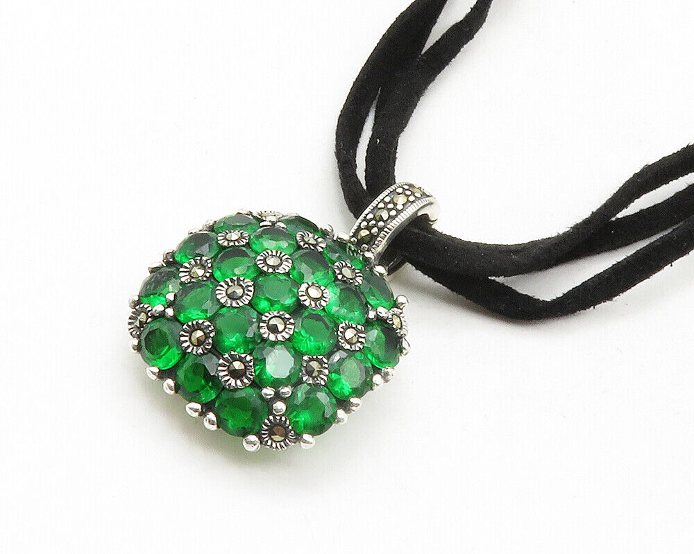 925 Sterling Silver  Green Topaz & Marcasite Suede Chain Necklace  NE2130