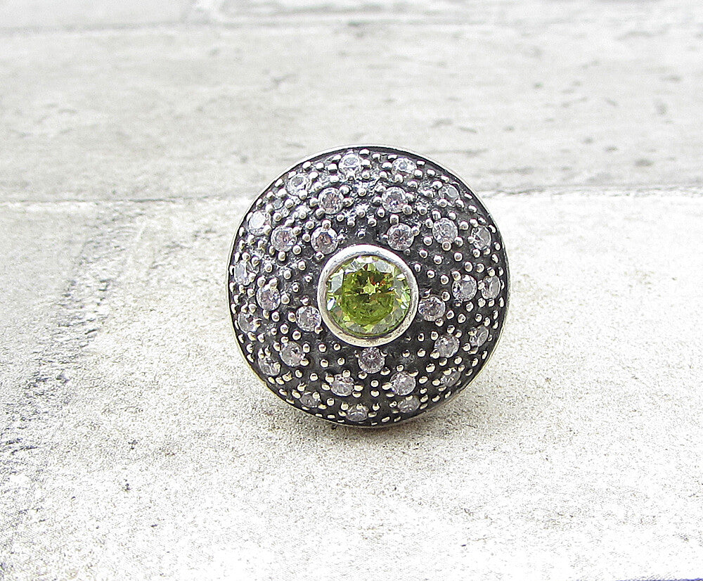 925 Silver  Peridot Cubic Zirconia & Marcasite Round Shield Ring Sz 7  RG1940