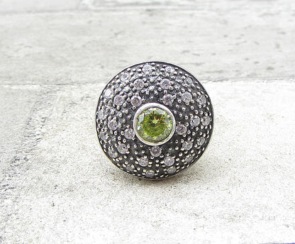 925 Silver  Peridot Cubic Zirconia & Marcasite Round Shield Ring Sz 7  RG1940