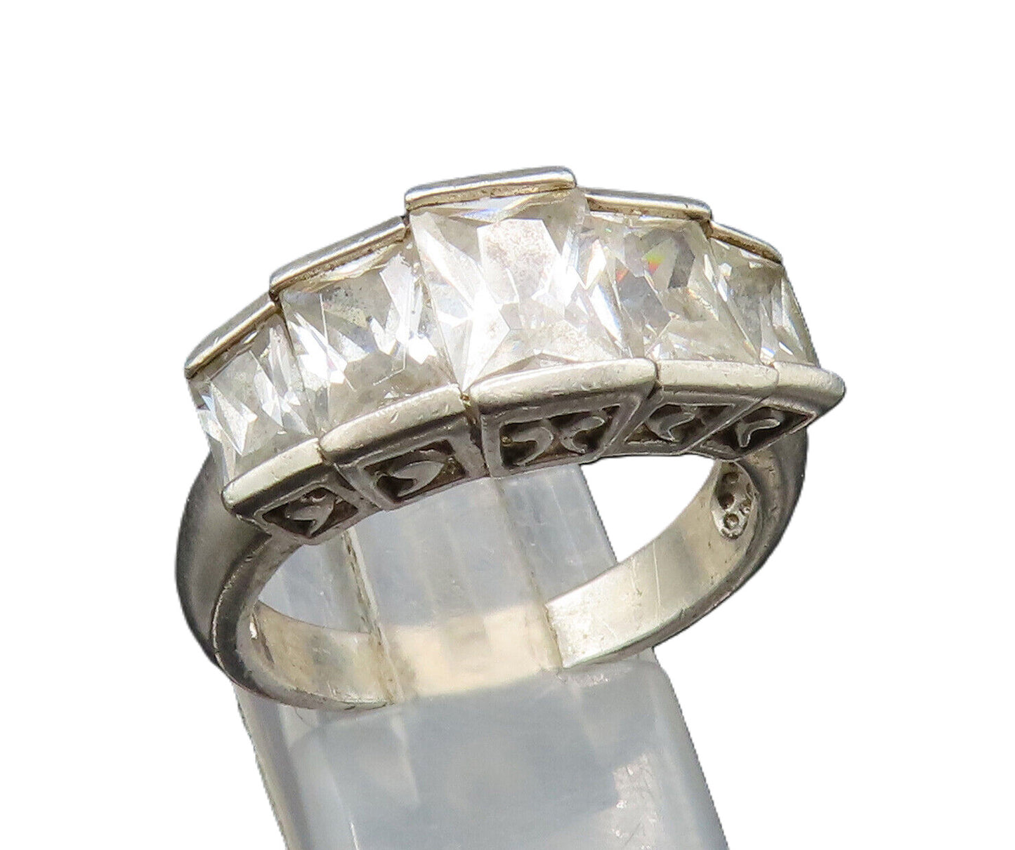 925 Silver  Vintage Graduated Five Stone Cubic Zirconia Ring Sz 9  RG24594