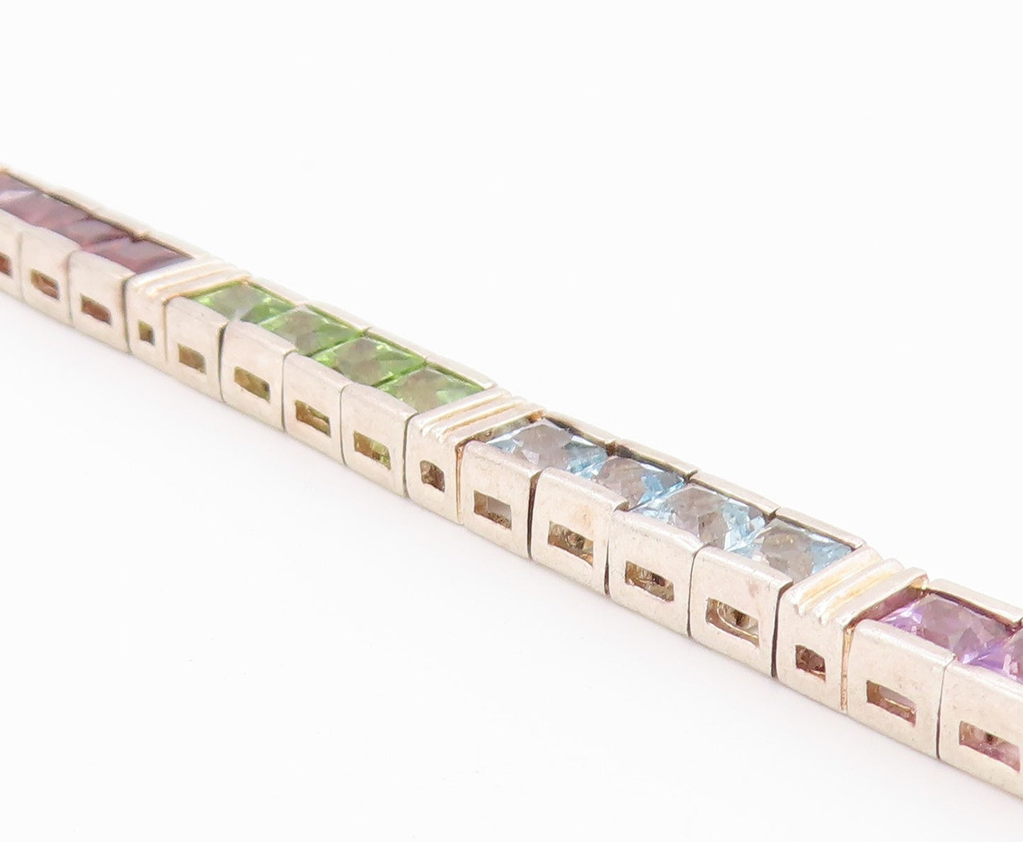 925 Sterling Silver Vintage Bracelet Square Cut Gemstone Tennis Link  BT12179
