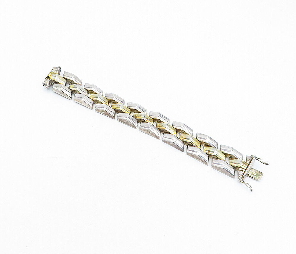 925 Sterling Silver  Vintage Shiny Two Tone Hinge Link Chain Bracelet  BT1441