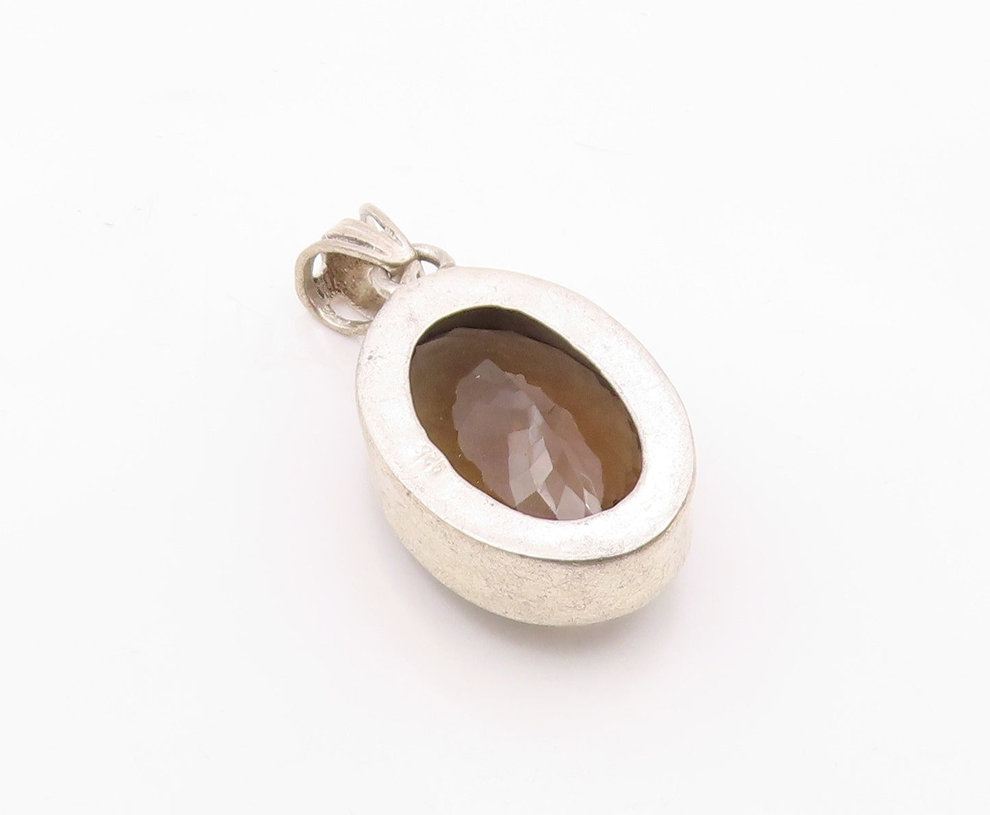925 Sterling Silver  Vintage Faceted Smoky Topaz Oval Drop Pendant  PT9670