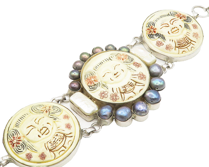 JAPANESE 925 Silver  Vintage Freshwater Pearls Carved Chain Bracelet  BT7508