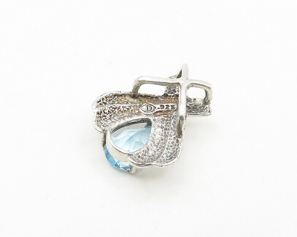 925 Sterling Silver  Tear Drop Blue Topaz Shiny Ribbon Pendant  PT13880